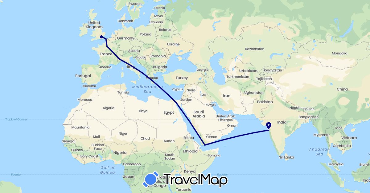 TravelMap itinerary: driving in Egypt, France, United Kingdom, India, Italy, Yemen (Africa, Asia, Europe)